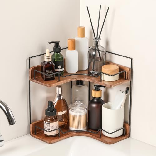 2-Tier Bathroom Counter Organizer, Wooden Corner Shelf for Vanity - Image 2