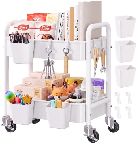 2 Tier Small Rolling Cart Metal with Wheels, White Under Desk - Image 2