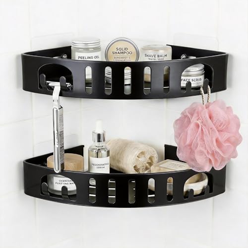 Adhesive Corner Shower Caddy with Hooks,No Drill Aluminum Shower - Image 2