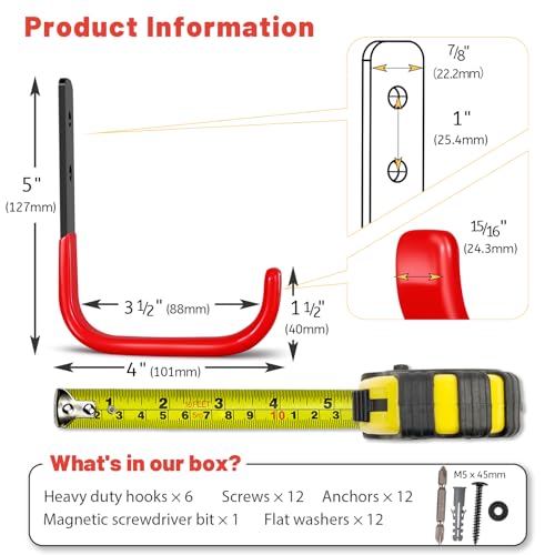 4 Inch Garage Hooks, 6 Pack Heavy Duty Wall Hooks for Hanging - Image 3