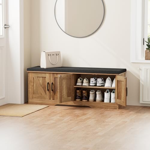 HOMSHO Farmhouse Shoe Storage Bench with 4 Barn Doors & - Image 3
