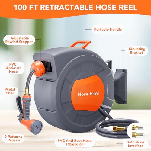 1/2 in x 72 ft Retractable Garden Hose Reel, Water Hose Reel Auto - Image 5