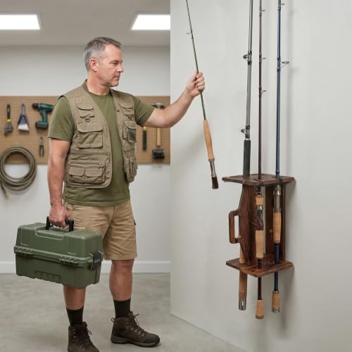 MyGift Rustic Wood Fishing Rod Rack, Portable Wall Mount - Image 3