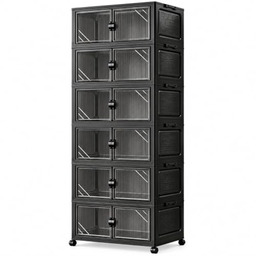 291QT Foldable Storage Cabinet with Wheels & Lid, 6-Tier Black - Image 2