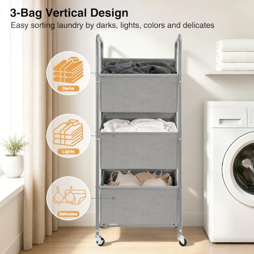 3-Tier Vertical Rolling Laundry Hamper, Removable Bags - Image 5