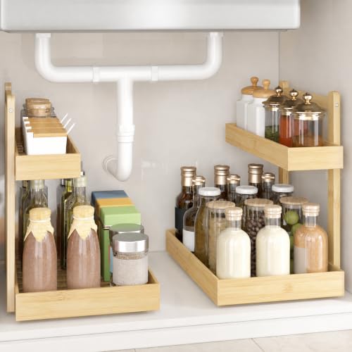 Bamboo Under Sink Organizer 2 Pack, 2-Tier Pull Out Cabinet - Image 2