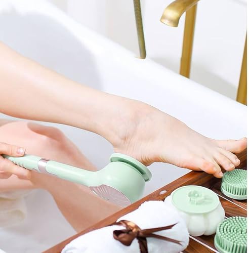 Rechargeable Electric Back Scrubber Body Brush with 3 Gears Multifunctional Shower Bathing Tool, Detachable Long Handle & 6 Brush Heads for Complete Shower Use - Light Green