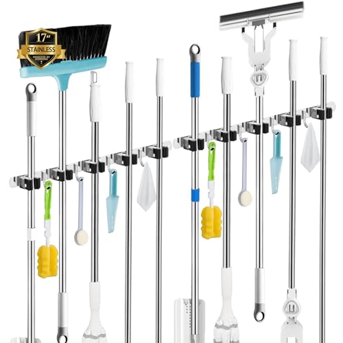 2 Pack Broom Holder Wall Mount, 5 Racks 4 Hooks Mop - Image 2