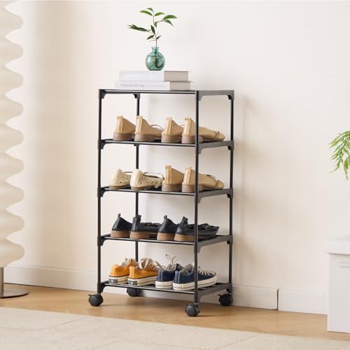 5-Tier Small Shoe Rack with Wheels, Slide-Out Metal Shoe - Image 3