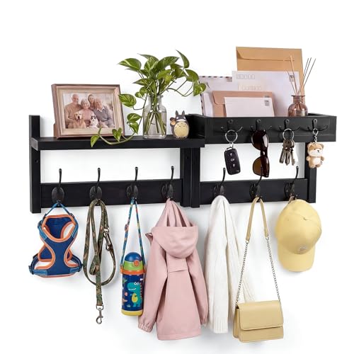 29" Coat Rack Wall Mount with Shelf, Mail & Key Organizer, Black - Image 2