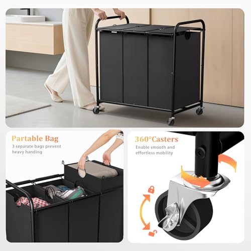 180L Laundry Sorter 3 Section, Rolling Laundry Basket with Wheels - Image 4