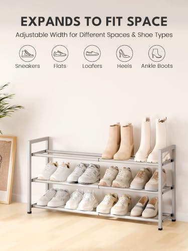 Bumusty 3 Tier Expandable Shoe Rack for Closet, Light Grey - Image 4