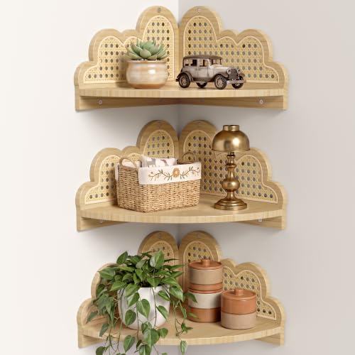 Cloud Rattan Corner Floating Shelves,3 Pack Solid Wood Boho - Image 5