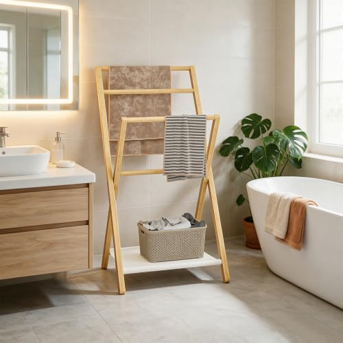 HOOBRO Towel Rack with Shelf, 3 Tier Bamboo Foldable Quilt - Image 3