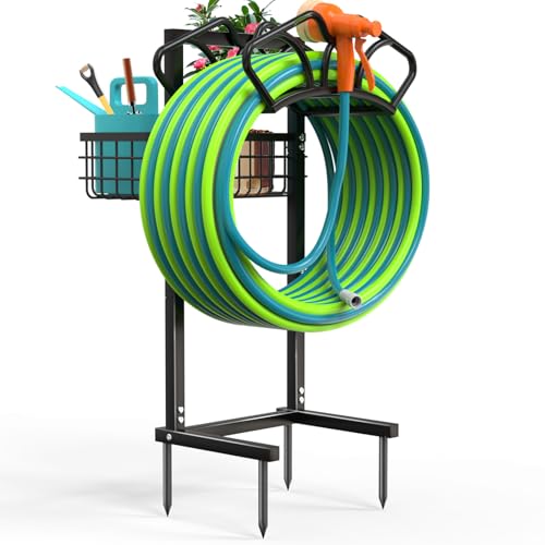 Garden Hose Holder with Large Basket, Heavy Duty Hose Reel, Black - Image 2