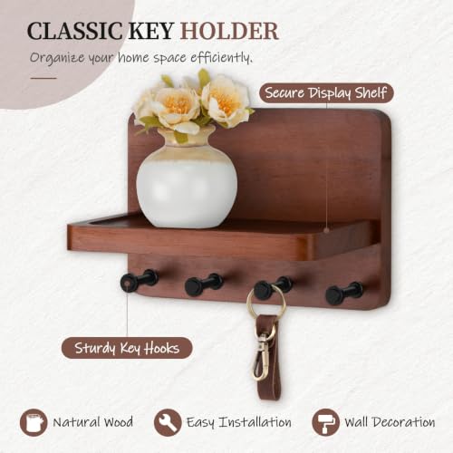 Nekon Key Holder for Wall with Shelf, Pine Wooden Key Hanger - Image 5