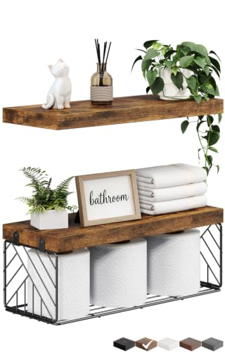 BAYKA Rustic Brown Floating Bathroom Shelves, 15.7in - Image 2