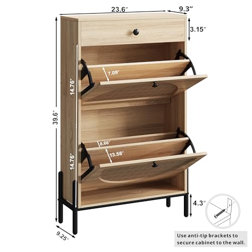 IRONCK Narrow Shoe Cabinet with 2 Flip Drawers and Rattan - Image 3