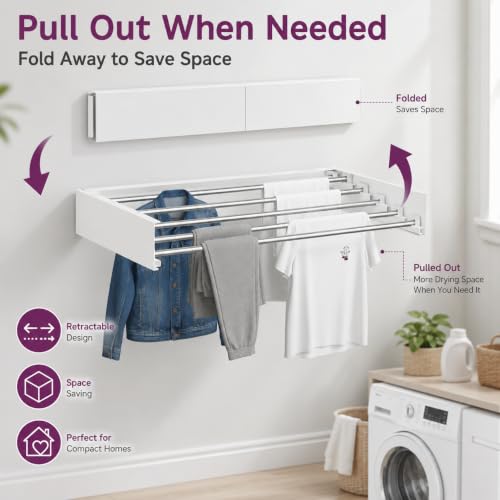 Wall Mounted Clothes Drying Rack, Foldable Retractable - Image 3