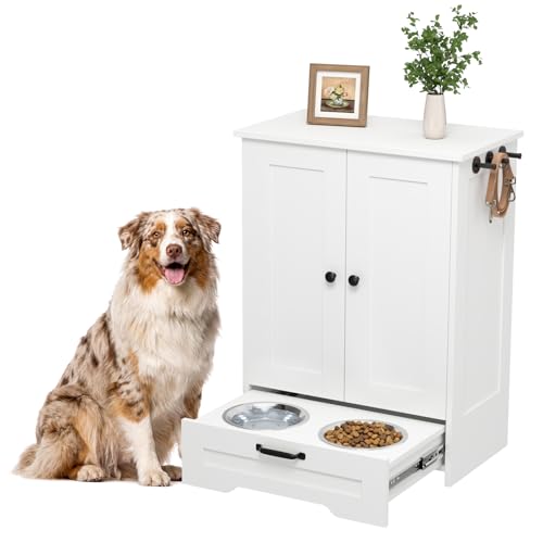 Dog Feeding Station with Storage Cabinet, White Wood Dog - Image 2