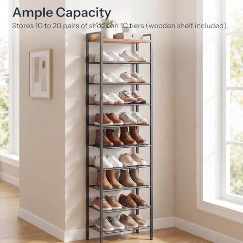 HOOBRO 10 Tier Shoe Rack Organizer with Wooden Top, Narrow Shoe - Image 7