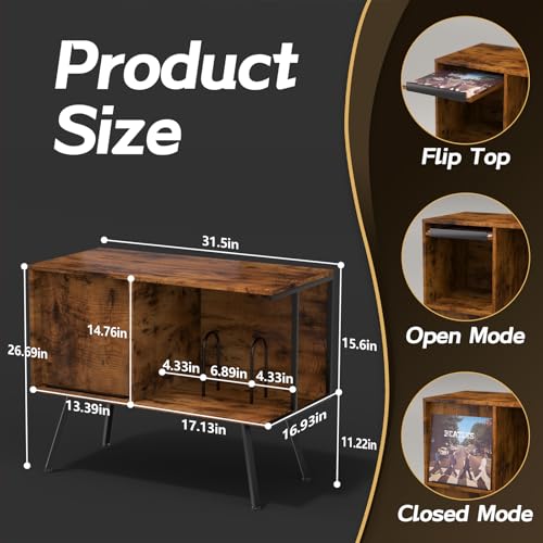Record Player Stand with Flip-Down Record Shelf, Rustic Brown - Image 4