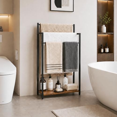 16.9" W Freestanding Towel Rack with Rustic Brown Wood Shelf - Image 3