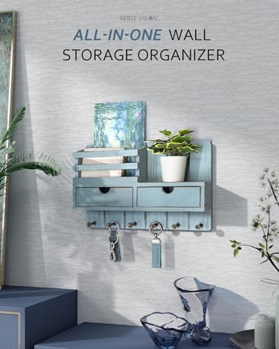 Key Holder Wall Mount with Shelf for Entryway, Distressed Blue - Image 4