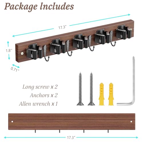Broom Holder Wall Mount, Rustic Wood Broom Hanger with 5 - Image 4