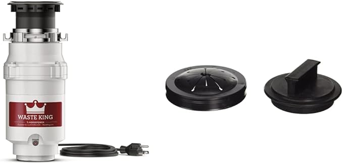 Waste King 1/3 HP Garbage Disposal with Power Cord, Compact Food Waste Disposer for Under Kitchen Sink, L-111 & 1025 Disposer EZ Mount Garbage Disposal Stopper and Splash Guard, Black
