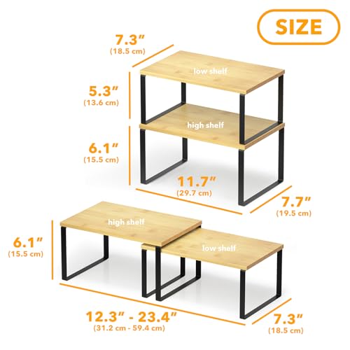 SpaceAid Cabinet Shelf Organizers 2 Pack, Kitchen Counter Rack Shelves Riser, Stackable Expandable Spice Rack, Pantry Cupboard Storage Organization (Black and Natural, Short) - Image 3