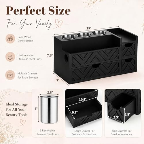Hair Tool Organizer with 3 Drawer Wooden Blow Dryer Holder, Black - Image 3