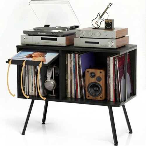Record Player Stand with Flip-Down Record Shelf, Black - Image 2