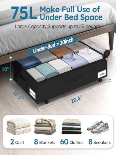 10-in 75L Low Profile Under Bed Storage with Wheels, 2 Pack,Black - Image 3