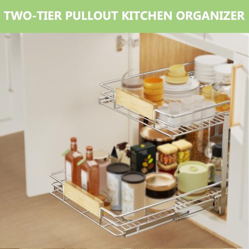 2 Tier Pull Out Cabinet Organizer with Wooden Handle, 16½" W x - Image 6