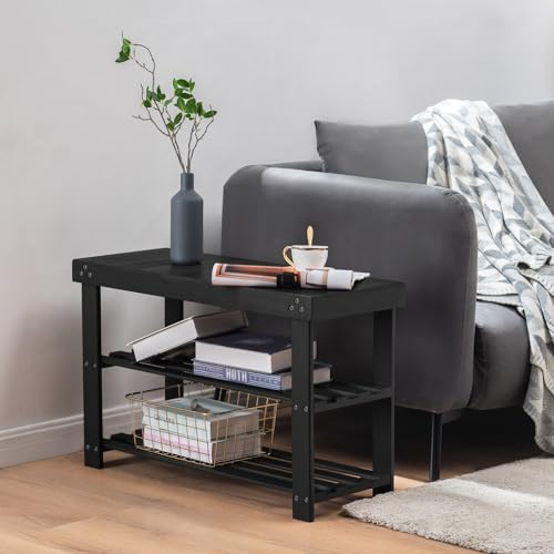 Apicizon Bamboo Shoe Rack Bench, 3-Tier Entryway Organizer, Black - Image 5