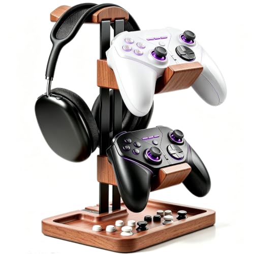 Walnut Headphone and Controller Stand, 2-in-1 Holder with Storage - Image 2