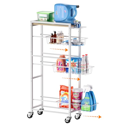 4 Tier Slim Rolling Storage Cart with Pull-Out Baske | Pull Out Organi - Image 2