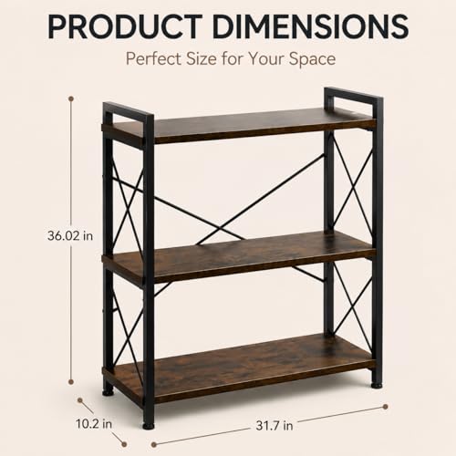 3 Tier Bookshelf, 32 x 36" Industrial Bookcase with Strong Metal - Image 3
