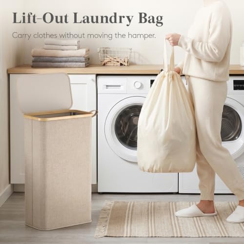 Lifewit 75L Slim Laundry Hamper with Lid and Removable Bag, Beige - Image 5