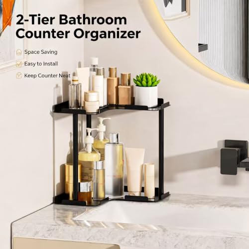 2 Tier Corner Bathroom Counter Organizer Storage Shelf, Black - Image 4