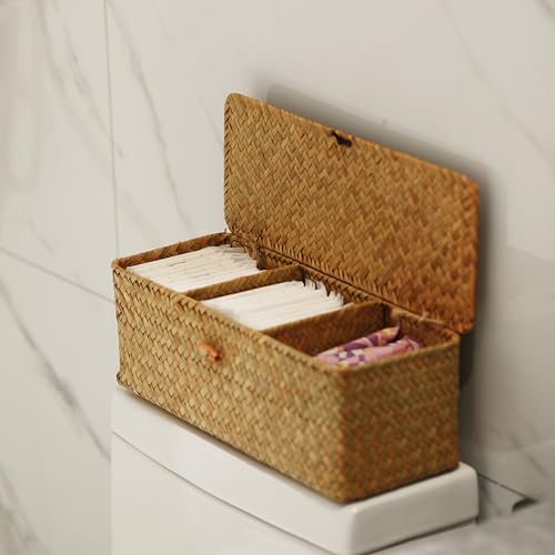 DECRAFTS Seagrass Storage Basket with Lid Rectangular Small Woven - Image 8