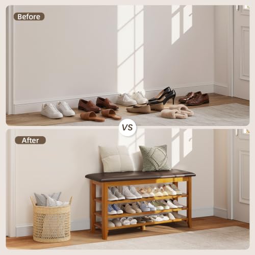 Solid Wood Shoe Rack Bench Entryway Storage with Leather - Image 4
