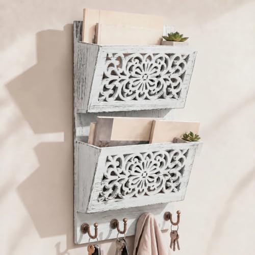 Mail Organizer Wall Mounted with Key Hook, 2-slot Mail Holder - Image 2