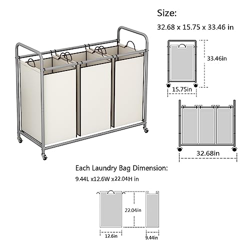 LINZINAR 3 Section Laundry Hamper Sorter, Beige Laundry - Image 4