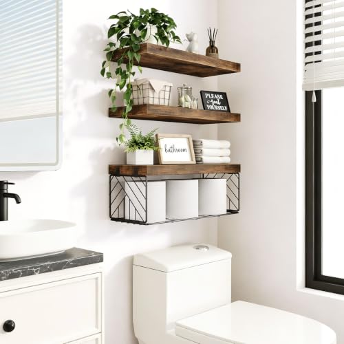 BAYKA Rustic Brown Floating Bathroom Shelves, 15.7in - Image 3