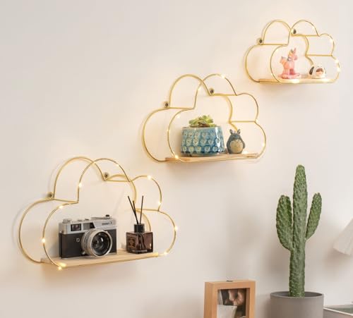 Golden Cloud Shape Floating Shelves with LED Lights Wall - Image 2