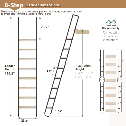 10.35FT Industrial Style Loft Ladder, 8 Steps with Black - Image 3