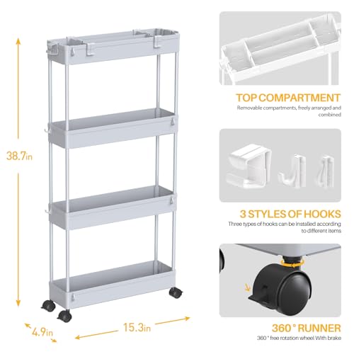 SPACELEAD Slim Storage Cart 4 Tier,Bathroom Organizer Rolling - Image 5