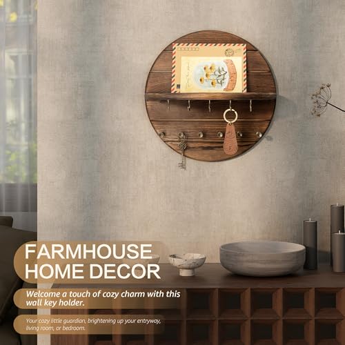 Pine Wood Round Key Holder Wall Mount for Home Decor, Brown - Image 7